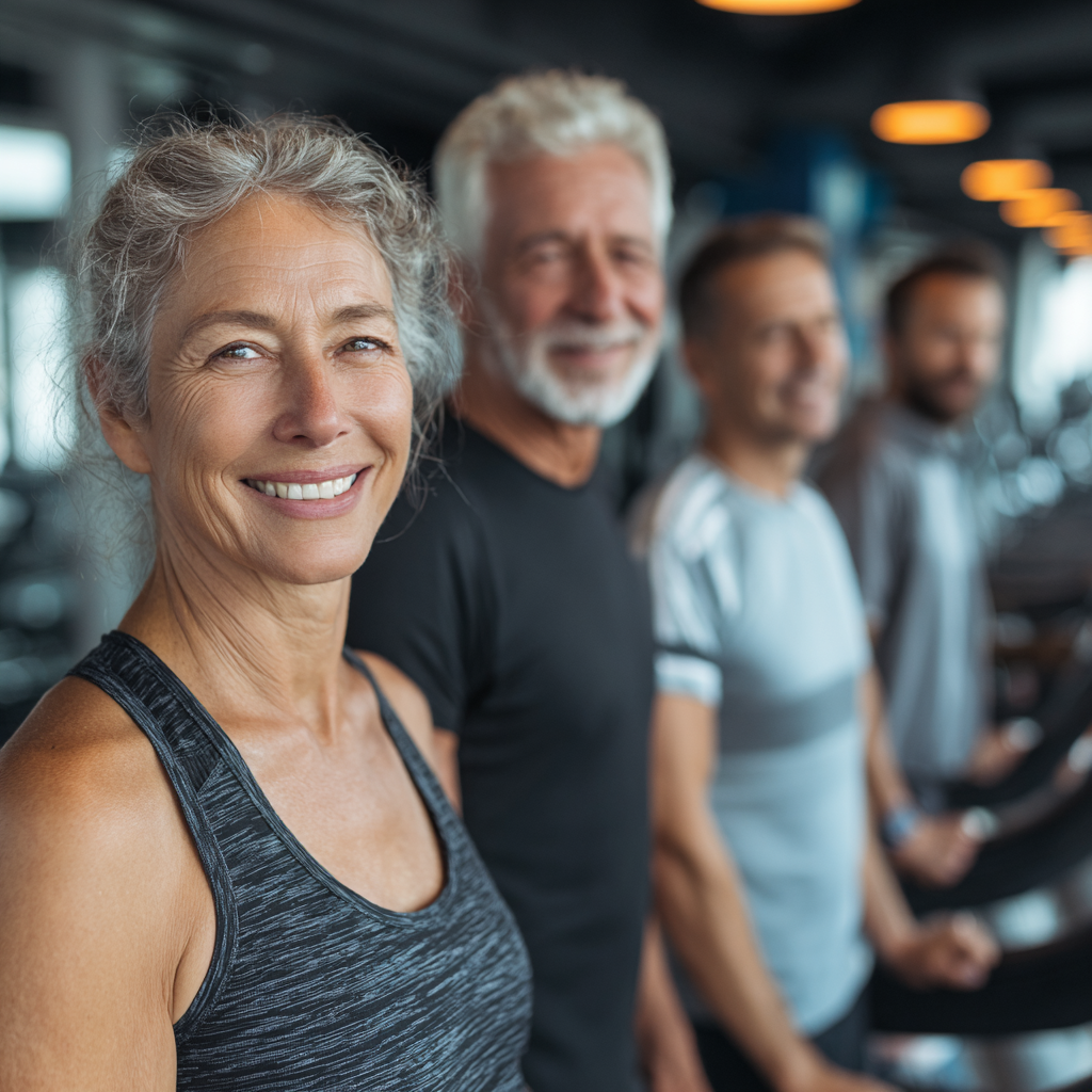 experienced fitness professionals working with mature clients in modern gym setting